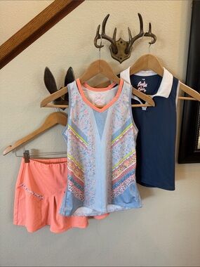 Lucky in Love Girls Blue Chambray Tank with Coral Trim and Coral Skort